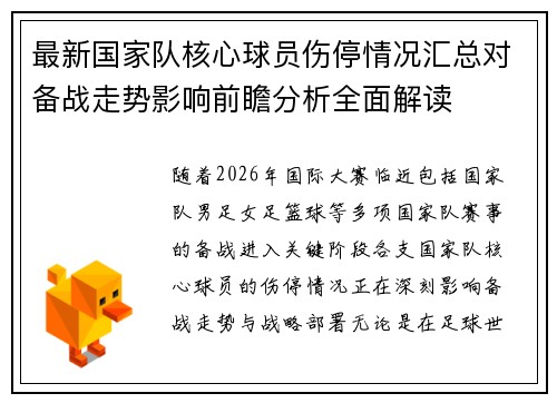 最新国家队核心球员伤停情况汇总对备战走势影响前瞻分析全面解读 最新国家队核心球员伤停情况汇总对备战走势影响前瞻分析全面解读